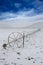 Cereal fields with irrigation wheels with snow in Nevada