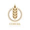 Cereal logo template creative illustration. Ear of wheat organic sign. Ecology symbol. Bio nature insignia. Agriculture concept.