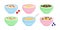 Cereal milk breakfast in bowl vector icon, cornflakes and porridge oatmeal, granola. Healthy food plate set. Sweet kids eating