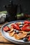 Cereal pancakes with berries on wooden table