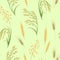 Cereal Plants seamless pattern on green background. Spikelets of Wheat, Oats, Rye, Proso Millet and Rice isolated.