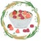 Cereal porridge in bowl with raspberry, strawberry and wreath with cereals. Barley, wheat, rye and oat. Healthy breakfast.