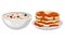 Cereals with Berries in Bowl and Pile of Pancakes with Melted Butter and Caramel as Breakfast Food Vector Set