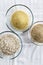Cereals in bowls : Oats, Couscous,