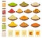 Cereals in bowls, rice, corn, barley, oats icons