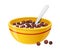 Cereals Breakfast with Milk in Ceramic Bowl Concept. Realistic Soup Plate with Red Stripe and Spoon with Crunchy Balls