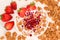 Cereals drenched in milk - quick breakfast with fruits and berries, top view