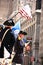 Ceremony for declaration of independence in old costumes takes place at the Washington statue in front of federal Hall National