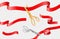 Ceremony ribbons. 3D scissors, grand opening ribbons on transparent background. Vector golden silver scissors and red