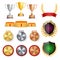 Ceremony Winner Honor Prize. Trophy Awards Cups, Golden Laurel Wreath With Red Ribbon And Gold Shield, Medals Template