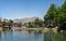 CERRETO LAGHI, ITALY - AUGUST 11, 2019: Panoramic view over the lake in Cerreto Laghi, near the Cerreto Pass in the