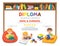 Certificate kids diploma. Happy kids read book and study together with multi colored bookshelf in library.