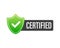 Certified badge, stamp. Red seal of origin and quality. Certify flat button with check mark and shield.