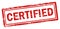 Certified stamp icon. Vector red grunge label of verified of quality product. Rubber stamp of tested for control document.