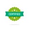 Certified stamp or seal vector sign isolated on white, flat cartoon rosette quality badge with stars and green ribbon