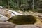 Certova oka geological formation and lake in Krkonose Giant Mountains in Mumlava river with water coming in