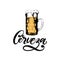 Cerveza, vector hand lettering. Translation from Spanish of word Beer. Hand drawn illustration of glass beer mug.