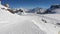 Cervinia, Italy. Ski helmet point of view. Skier POV. Ski on the slopes of the Plateau Rosa glacier. Panoramic view. Italian Alps