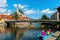 Cesky Krumlov, Czech Republic 15 August 2017: beautiful view of a fragment of the embankment and the coastal area of the Vltava