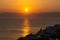 Cesme, Izmir, Turkey - August 25 2021: Sunset on Aegean Sea in Cesme City