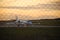 Cessna 680 Citation Sovereign Private airplane jet arriving in beautiful sunset at Skavsta airport Sweden