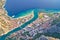 Cetina river mouth and town of Omis aerial view