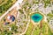 Cetina river source water hole and Orthodox church aerial view