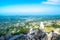 Cetinje city top landscape from viewpoint  Njegos mausoleum. Lovcen National Park. Montenegro. Summer blue montanian view