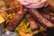 Cevapi on a plate, traditional balkan dish, grilled minced beef meat, Cevapcici, with onion and french fries served in restaraunt