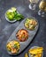 CEVICHE. Three colorful shrimps ceviche with mango, avocado and tomatoes. Latin American Mexican Peruvian Ecuadorian