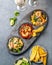 CEVICHE. Three colorful shrimps ceviche with mango, avocado and tomatoes. Latin American Mexican Peruvian Ecuadorian