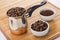 Cezve with coffee beans, bowls with coffee beans, ground coffee