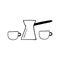 Cezve and cups set icon. sketch hand drawn doodle style. , minimalism, monochrome. cookware, drinks. coffee pot