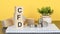 CFD - text on wood cubes stack, yellow background