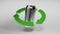 CG animation of an aluminium can rotating inside of recycle sign on white background. Seamless 3D animation loop