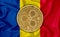 Chad flag, ripple gold coin on flag background. The concept of blockchain, bitcoin, currency decentralization in the country. 3d-
