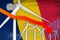 Chad wind energy power lowering chart, arrow down - renewable natural energy industrial illustration. 3D Illustration
