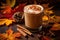 chai latte with autumn leaves backdrop