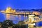 The Chain Bridge and River Danube in Budapest in the evening.