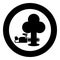 Chainsaw sawing board woodchopper concept lumberjack arborist cutting deforestation prunes sprinking icon in circle round black