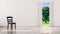 A chair on concrete polished floor with window and a tree natural view on white wall, 3d rendered