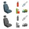 Chair with headrest, fire extinguisher, car candle, petrol station, Car set collection icons in cartoon,monochrome style