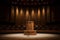 A chair with a microphone in a large concert hall. Speaker's rostrum in a huge hall, spotlight illumination