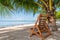 Chair and palm trees on the beach at Playa Larga in Cuba