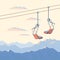 Chair ski lift for mountain skiers and snowboarders moves in the air on a rope on the background of winter snow capped mountains