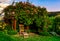 A chair to relax on in a garden under flowering roses in sunny weather - an idyllic peaceful harmonic lovely beautiful place