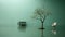 A chair and a tree in a flooded room. Generative AI image.