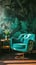 Chair and turquoise sofa in green living room interior with leaves wallpaper and table