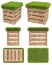 The chair of the wooden box or pallet with a seat of grass. Garden furniture. Top view, side view, front view, bottom view. Isolat