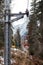 chairlift in mountains, single ski lift, winter landscape, coniferous forest